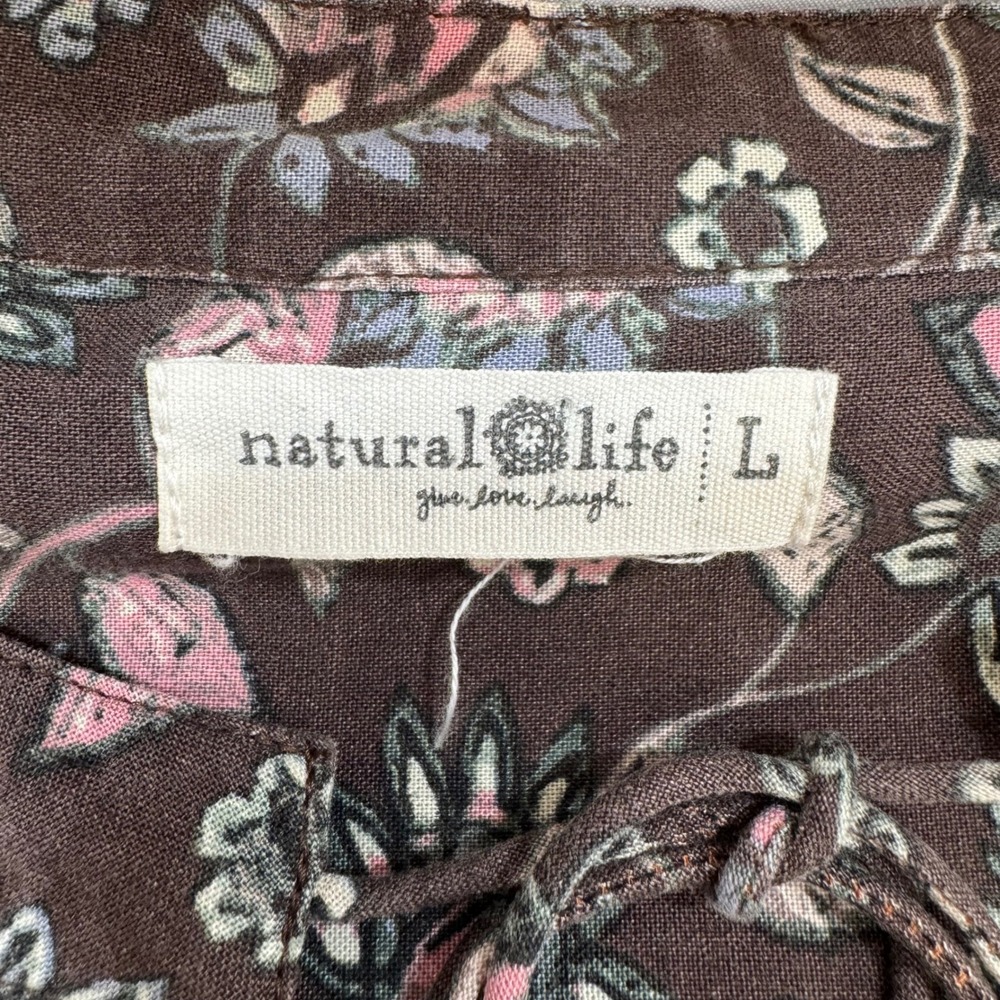 Natural Life Floral Paisley Boho Mini Dress Womens Large Brown Rayon Tie Neck - Picture 5 of 10